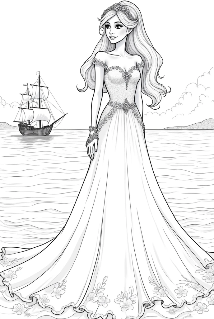 cute coloring page, bride, long wavy hair, wedding dress and ship