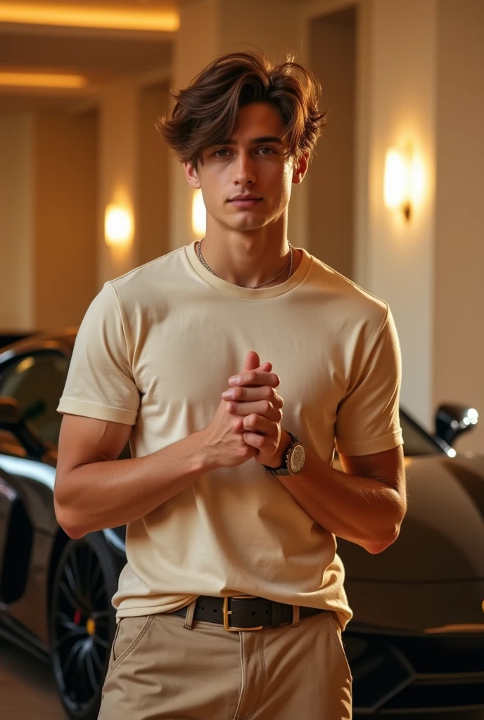 un jeune homme de 18 ans brun avec des cheveux sur son front musclé en tee shirt et pantalon beige très chic prends la pose les mains jointe dans un dessert avec une belle voiture de sport, cette image montre sa réussite et sont charisme
