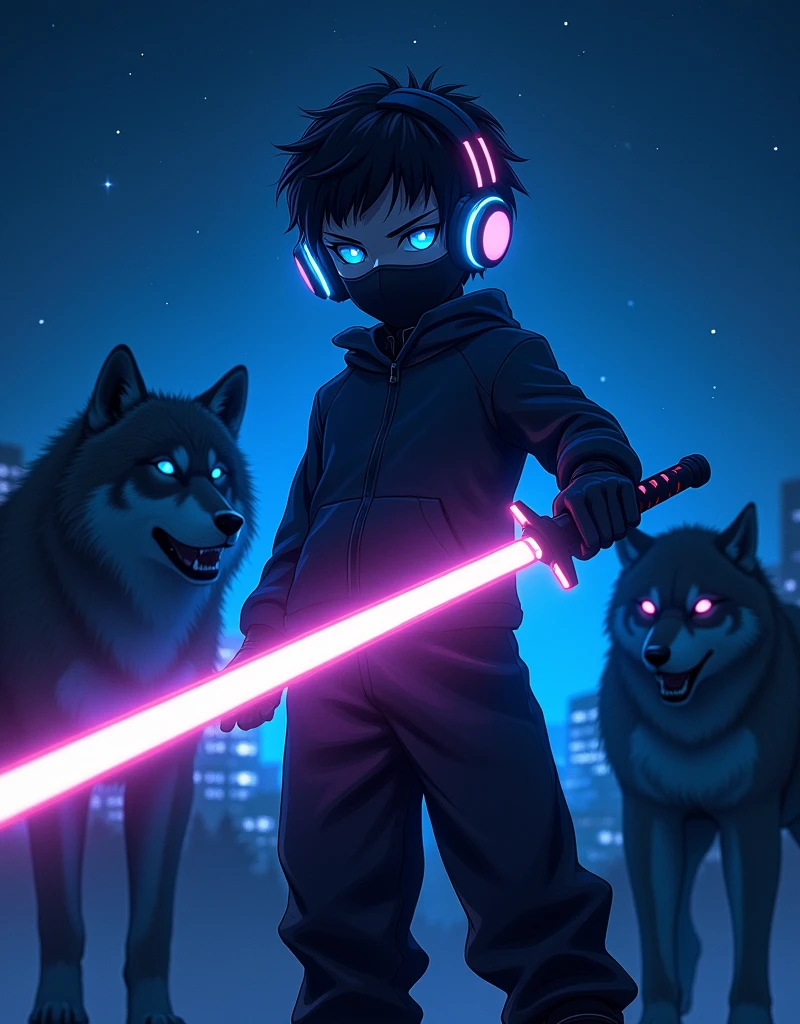 Boy anime eye blue face mask wear a head phone , lazer katana, 2 wolf stand near like horror, 8k, HD, and text Evans Aces, star twinkle, dark night 