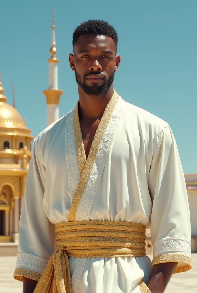 (photorealism:1.2), man, white robe, gold sash around his abdomen, blue sky, golden palave