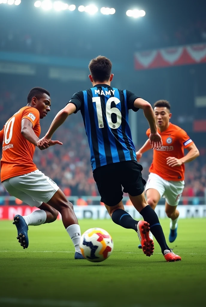 An 18-year-old man wears the Inter Milan jersey named "MAMY" on back, number 16 dribbles with opponents