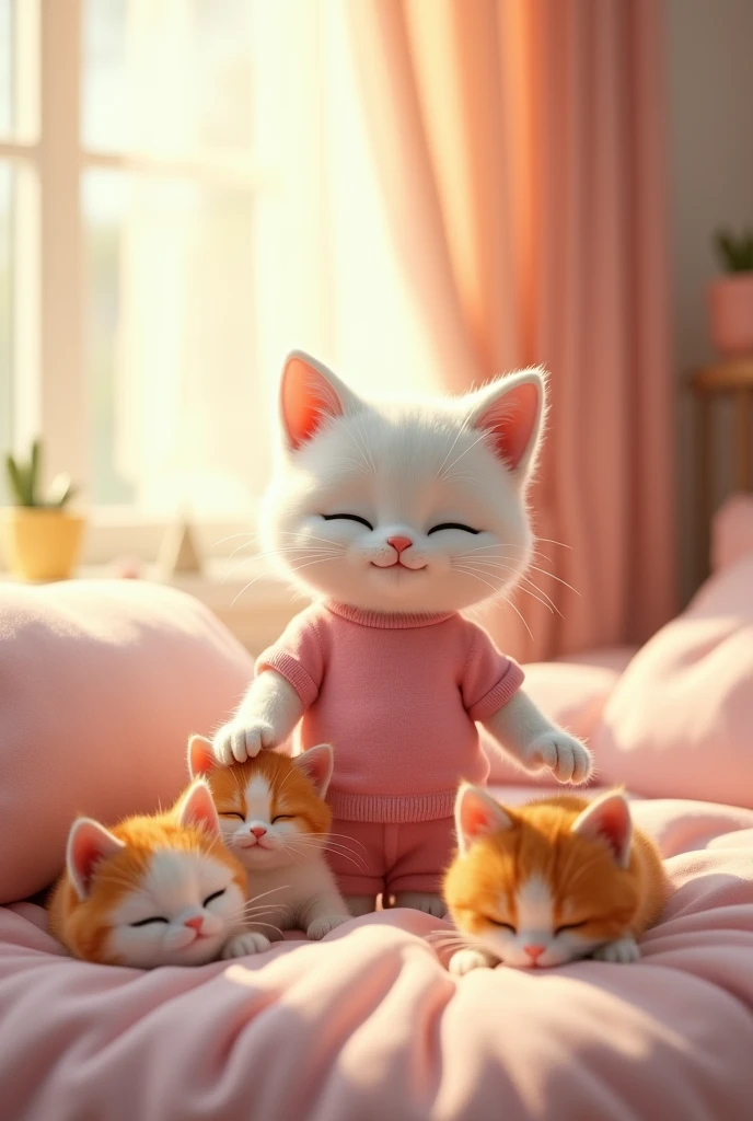 The white realistic mother cat wearing pink t-shirt and trousers and apreal and enter the kittens' bedroom, standing by the bed.She gently shakes the kittens while smiling, saying "Time to get up."The kittens orange and white are beginning to stir, still sleepy. Pictures look like original and not blurred and 4k results.