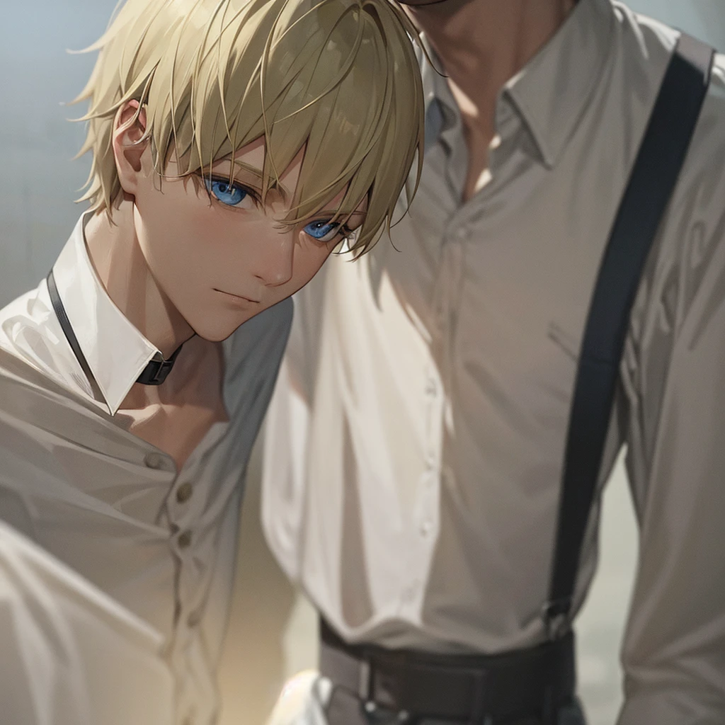 man with short blonde hair, blue eyes, sad, with his hands tied with a rope, with a leash around his neck. white dirty shirt, black trousers, snow,
