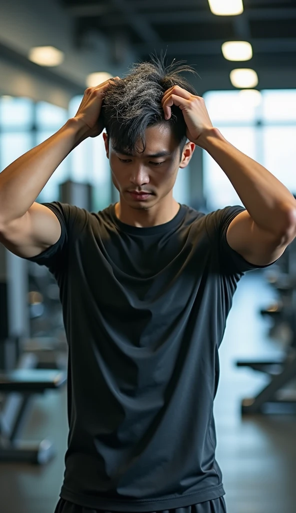 Create a handsome young Asian man,Wearing T-shirts and fitness clothes,Scratching the scalp with both hands,There is a lot of dandruff on the top of the head,White fine dandruff on the top of the head,The expression is unhappy,The characters are realistic and realistic,Gym background,9:16 frames,Ultra-high-definition picture quality