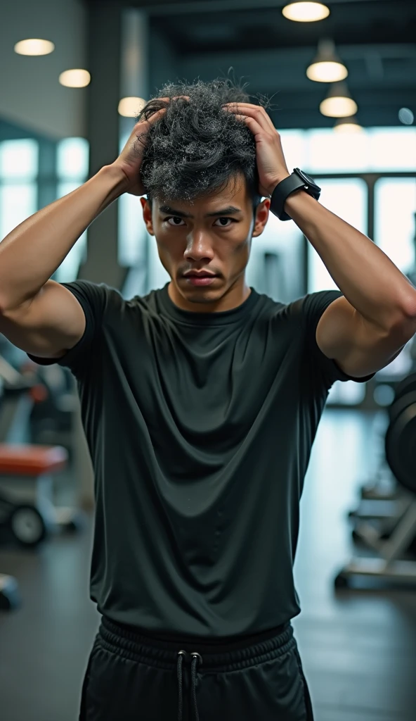 Create a handsome young Asian man，Wearing T-shirts and fitness clothes，Scratching the scalp with both hands，There is a lot of dandruff on the top of the head，White fine dandruff on the top of the head，The expression is unhappy，The characters are realistic and realistic，Gym background，9:16 frames，Ultra-high-definition picture quality