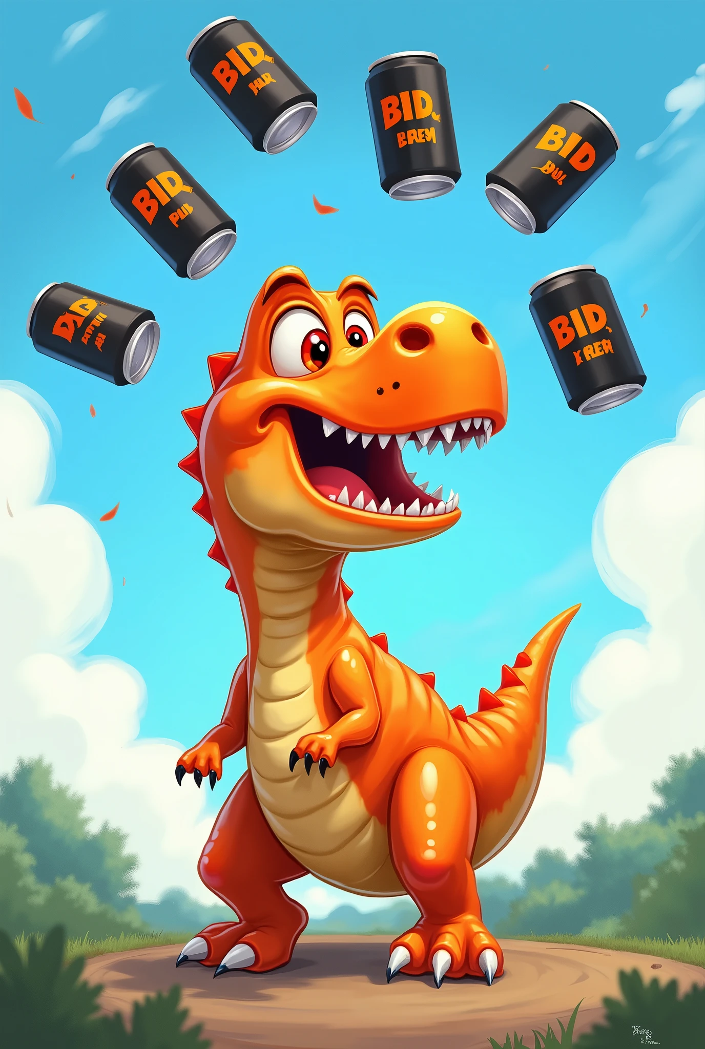 Trex vert en cartoon, inage ronde et font bleu ciel avec nuage, le t-Rey crie avec la tete vers le haut, des canettes en aluminium noir avec ecris BDB en orange tonbe du ciel sur toute la photo, le T-rex salive en regardant les canettes avec ces yeux rouge et orange