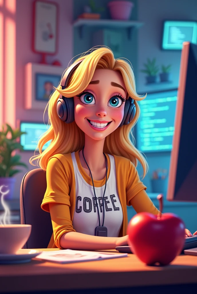 pixar style character programmer; blonde; woman; loves coffee and apple.