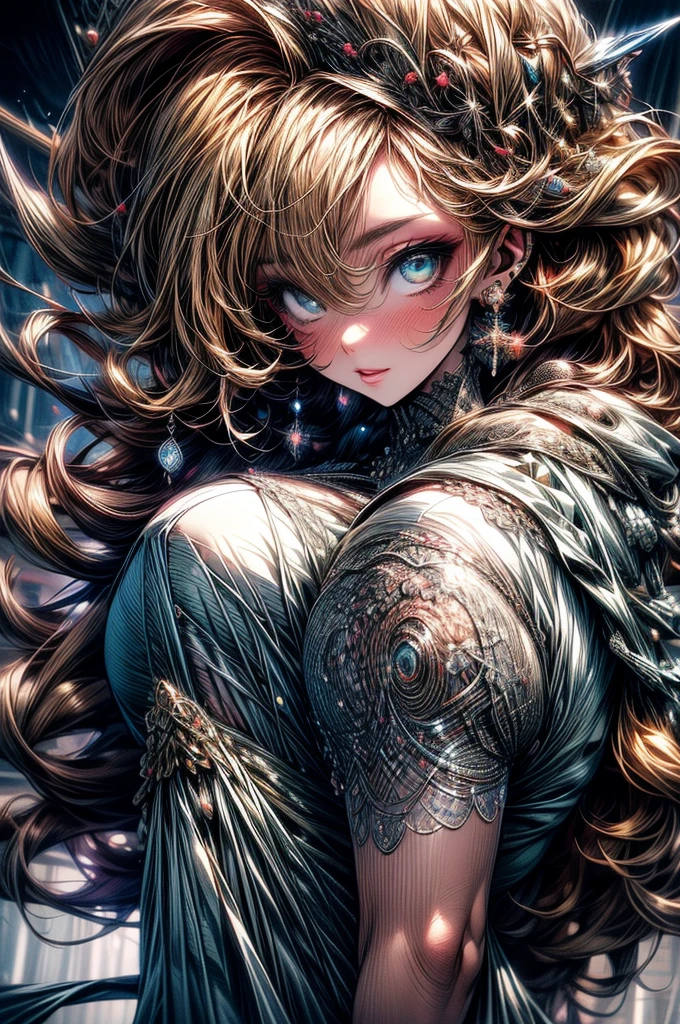 highest quality, ultra high resolution, super detailed, gorgeous, masterpiece, best quality, high resolution finely detailed, extremely beautiful, distinct image, ((best quality)) ((best quality)), ((masterpiece)), (detailed), 4k image, anime style, beautiful young girl, teenage girl, fair white skin, oval shaped face, seductive and sharp facial features, lacy and elegant shawl nightdress, astonishing sex appeal, curly hazel-brown hair, slim, curvy body, green eyes, full lips, medium height, large breasts,
