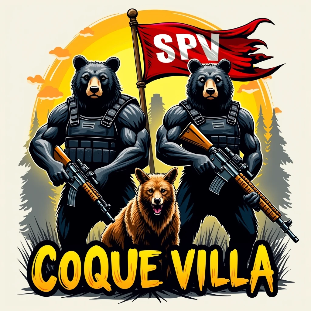 A logo illustration depicting a favela in the background with a red flag saying SPV on it at the top, surrounded by fierce looking bears strong muscular bears stepping on a coyote and armed with rifles and bulletproof vests use black bears and put human clothes on them like they are bandits. The background includes some colors with black and yellow, possibly The text "COQUE VILLA" It is displayed prominently at the bottom of the image, use graffiti fonts in the highlighted text, make it a size that can be used as a profile picture.