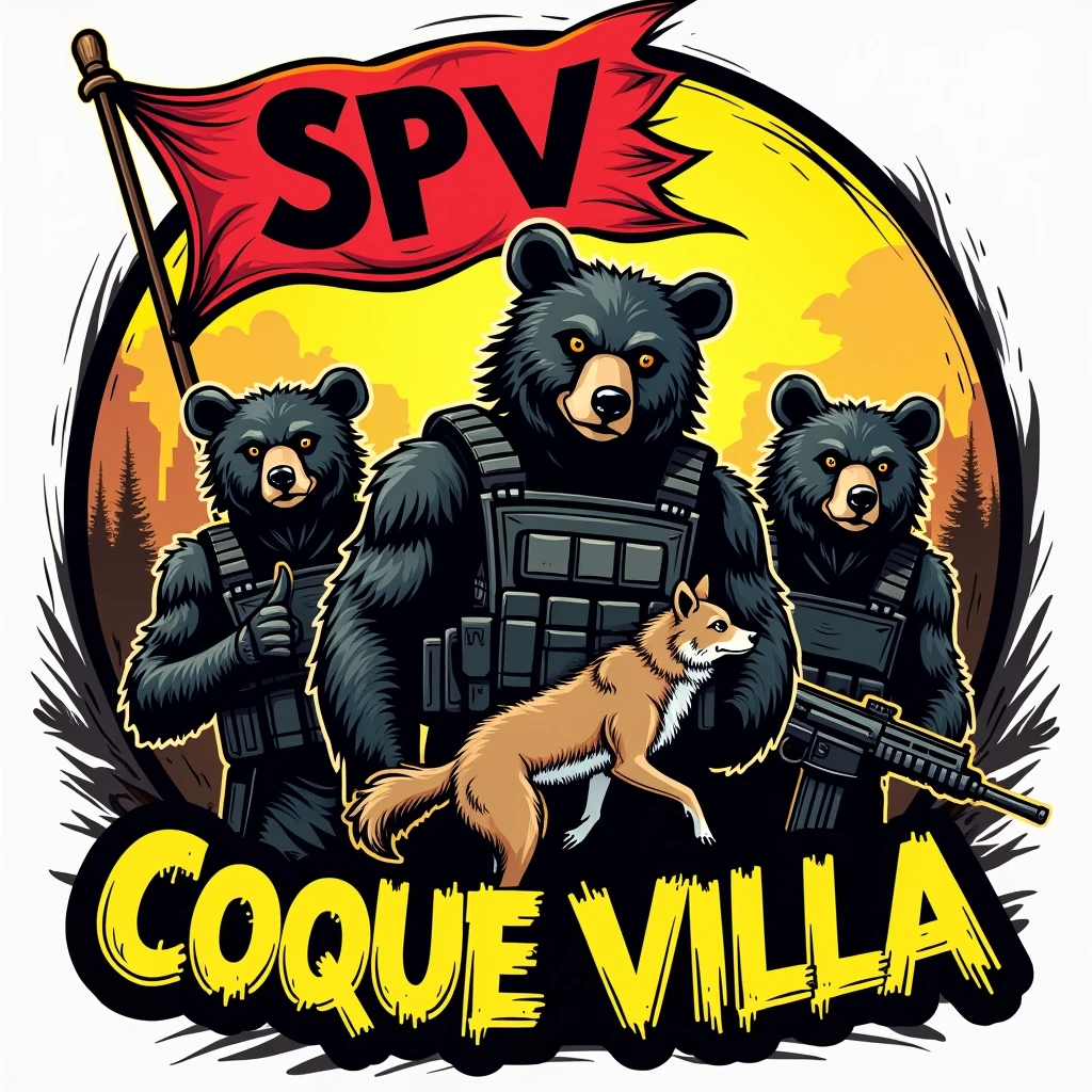 A logo illustration depicting a favela in the background with a red flag saying SPV on it at the top, surrounded by fierce looking bears strong muscular bears stepping on a coyote and armed with rifles and bulletproof vests use black bears and put human clothes on them like they are bandits. The background includes some colors with black and yellow, possibly The text "COQUE VILLA" It is displayed prominently at the bottom of the image, use graffiti fonts in the highlighted text, make it a size that can be used as a profile picture.
