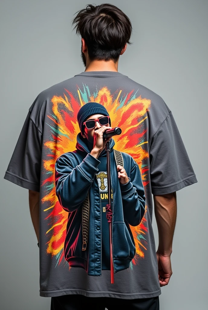 Make a oversize t-shirt color gray add some unique art of hip hop rap artist with mic ,print the art in back side and add this slogan Sai by be fashionable