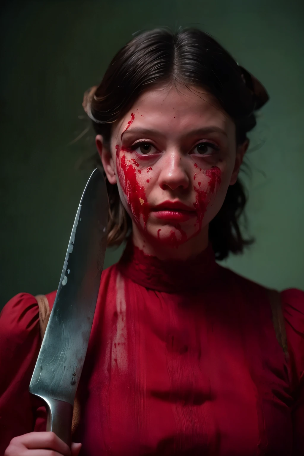 Head and sholders portrait. (Pearl from the A24 movie "Pearl", ((blood splatter droplets on her face)), holding an knife, wearing a red dress), standing in a dimly lit, eerie farmhouse setting, cinematic lighting, hyper-realistic style, high detail, dramatic shadows, (shallow depth of field), (moody color grading), (sharp focus), (tense atmosphere), (vintage film grain), (portrait photography style), dark background, (masterpiece: 2), best quality, ultra highres, original, extremely detailed, perfect lighting. ((farmhouse background)). 
