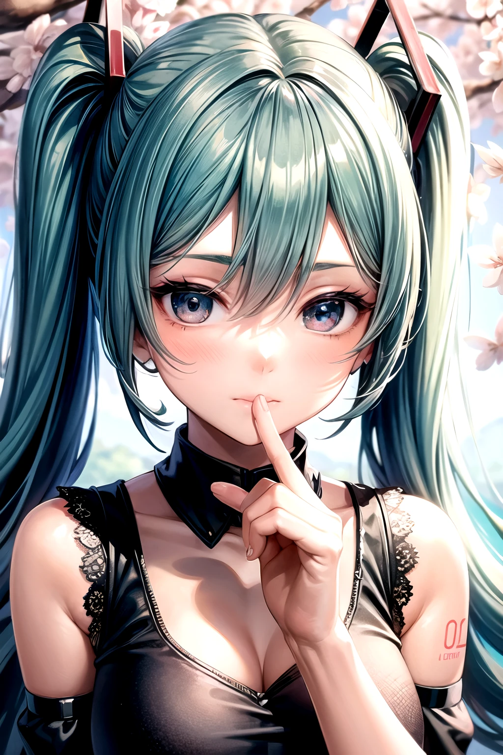 a cute shy pout-faced hatsune miku in a cherry blossom field, 1girl, beautiful detailed eyes, beautiful detailed lips, extremely detailed face, long eyelashes, beautiful soft skin, cute expression, gentle smile