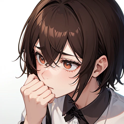 A boy halfway in transforming into a femboy, scared look, serounded by girls, in pain, dark brown hair