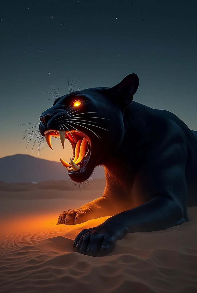 Giant stone black panther head buried in desert sand, open mouth, glowing orange eyes, night dark background, front view, glowing mouth