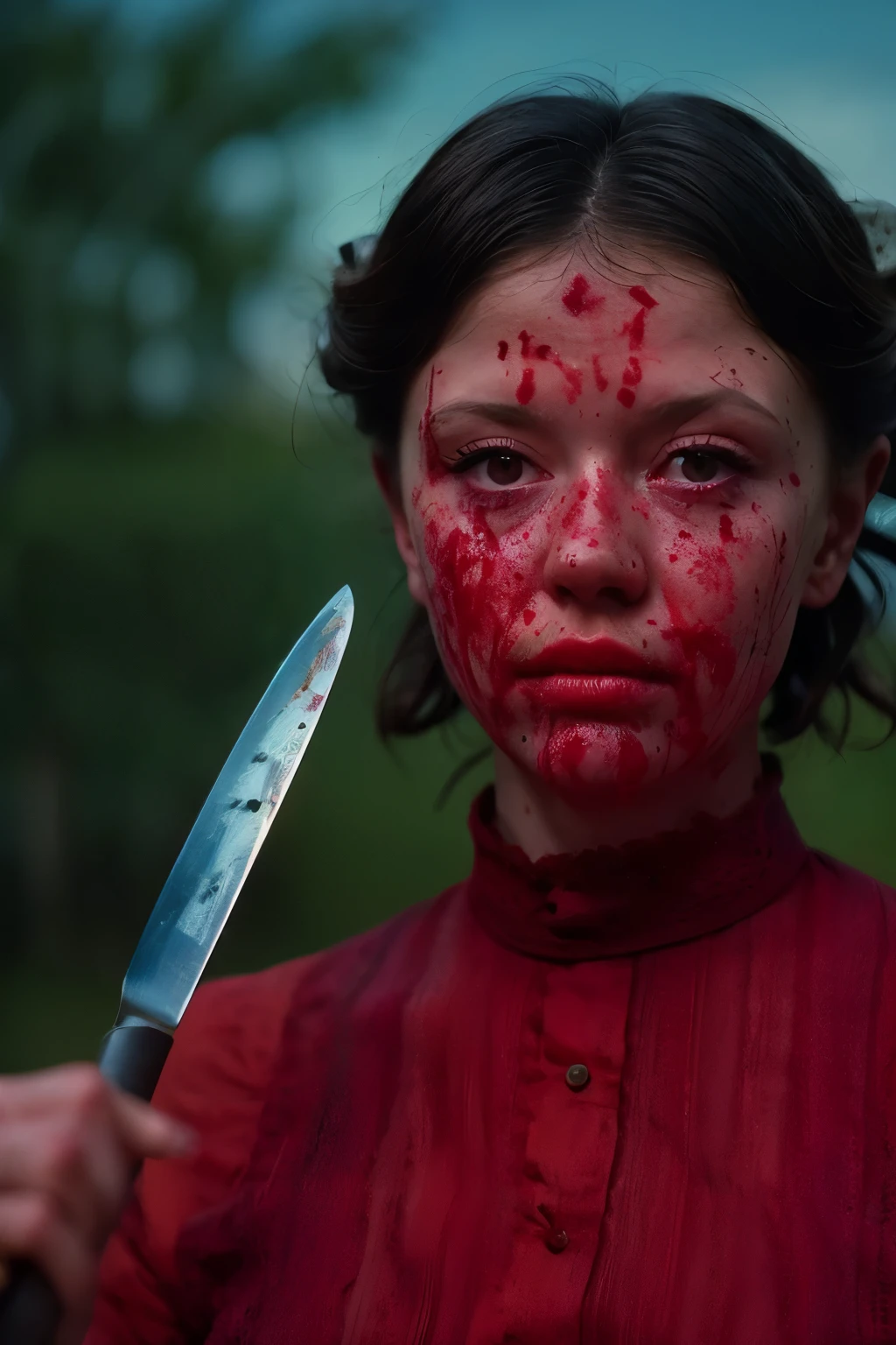 Head and sholders portrait. (Pearl from the A24 movie "Pearl", ((blood splatter droplets on her face)), holding an knife, wearing a red dress), standing in a dimly lit, eerie farmhouse setting, cinematic lighting, hyper-realistic style, high detail, dramatic shadows, (shallow depth of field), (moody color grading), (sharp focus), (tense atmosphere), (vintage film grain), (portrait photography style), dark background, (masterpiece: 2), best quality, ultra highres, original, extremely detailed, perfect lighting. ((farmhouse background)). 
