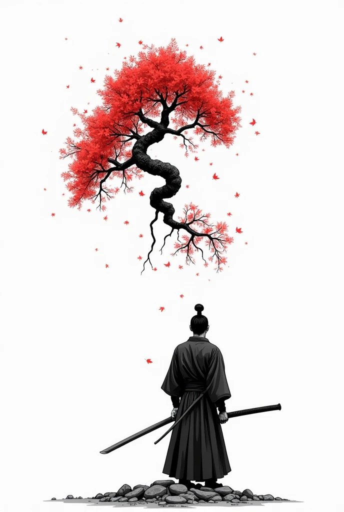 A samurai a sword in hand, facing a bonsai he is facing away the sword in his hand is lowered and the bonsai is dropping leaves. with simple black and white lines only the bonsai is red