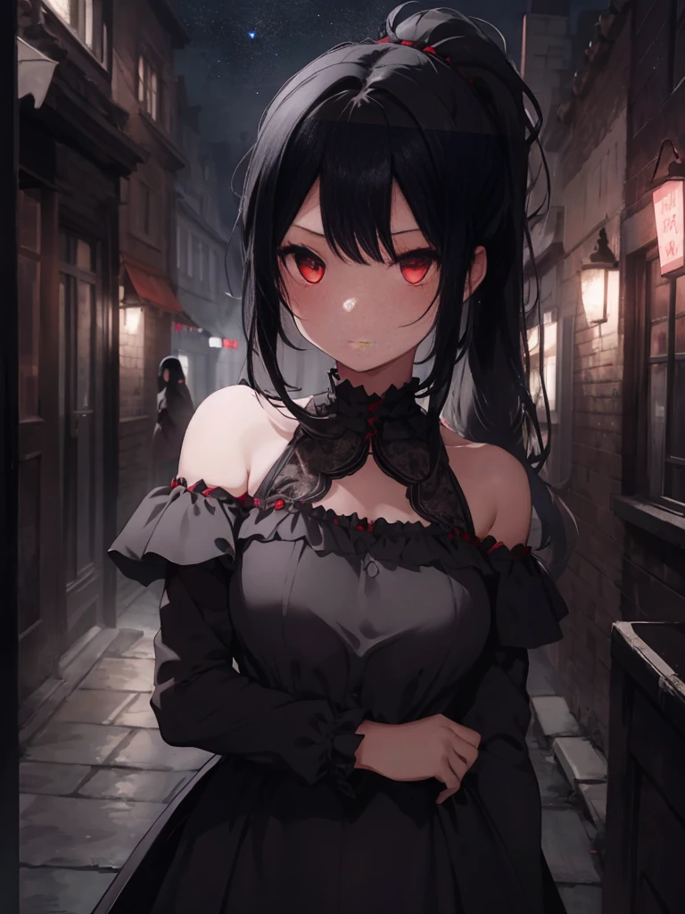 "4k night medieval city, dark atmosphere, there's a milf, with black colour hair, glow red eyes, wears elegant black casual dress and coat, she look shy and blushes"