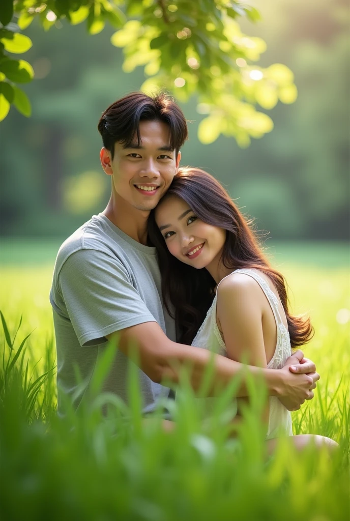 "Asian male with handsome and clean face,hug from behind with a beautiful woman lover,face looking at camera,photo in the green grass garden"
