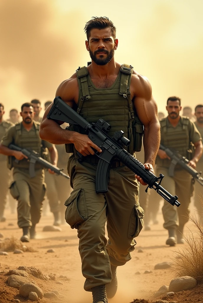 Illustrate a light brown man, all dirty with dust and all cut up, from the Brazilian army commando battalion, with a large, strong and wide physique, He has short hair, with a tired but aggressive look, holding a large machine gun .50 with a big cut on his face. He is fully equipped and wearing the uniform of the Brazilian army and a heavy vest.. In the background leading an entire battalion of Brazilian soldiers