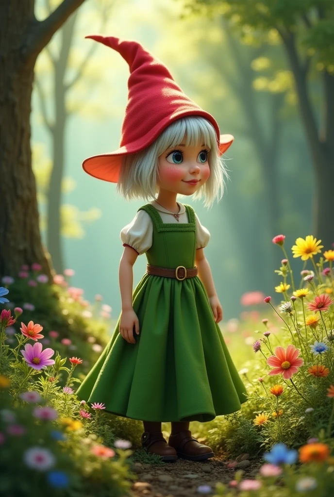 Female gnome in green dress, short white hair, with a red cone-shaped hat and not very chubby