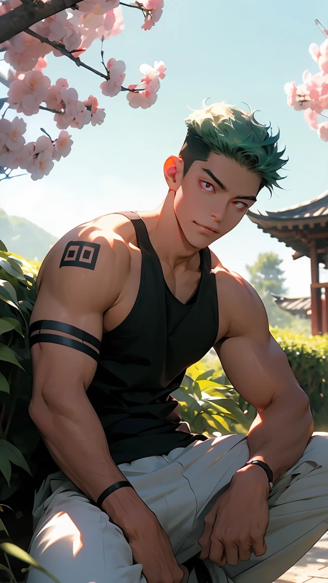 highest quality, 8K, high resolution image, anime style Jujutsu Kaisen, detailed strokes, bored look, blurry, purple light reflecting from it, (close angle), 1 man, male, model, cool guy, strong Man, multicolored background with different geometric shapes, around stickers, muscular, neon green hair, red eyes, short hair hairstyle: undercut, puffy chest. He is wearing a tank top and jogging pants, he is dressed Urban, hand in his pocket, background: Taiwanese temple, He sits in the grass in front of a Taiwanese temple and enjoys the beautiful weather, blue sky, sunny day, trees, light wind, cherry blossoms, autumn leaves, garden