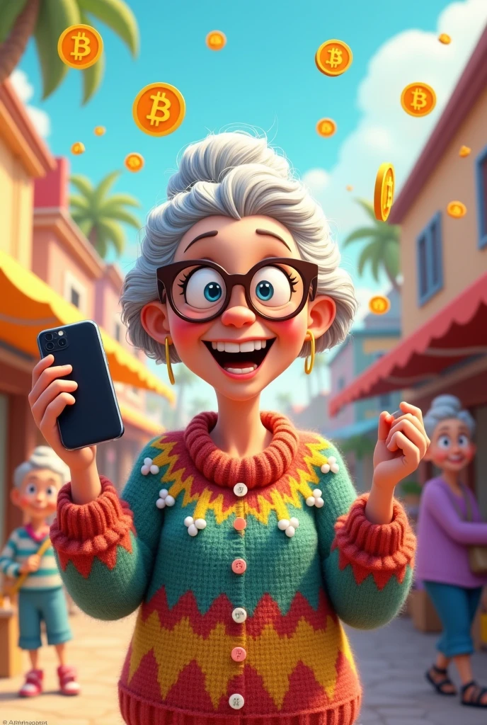 A grandmother with a smartphone, smiling while buying something with Bitcoin in cartoon for a memecoin