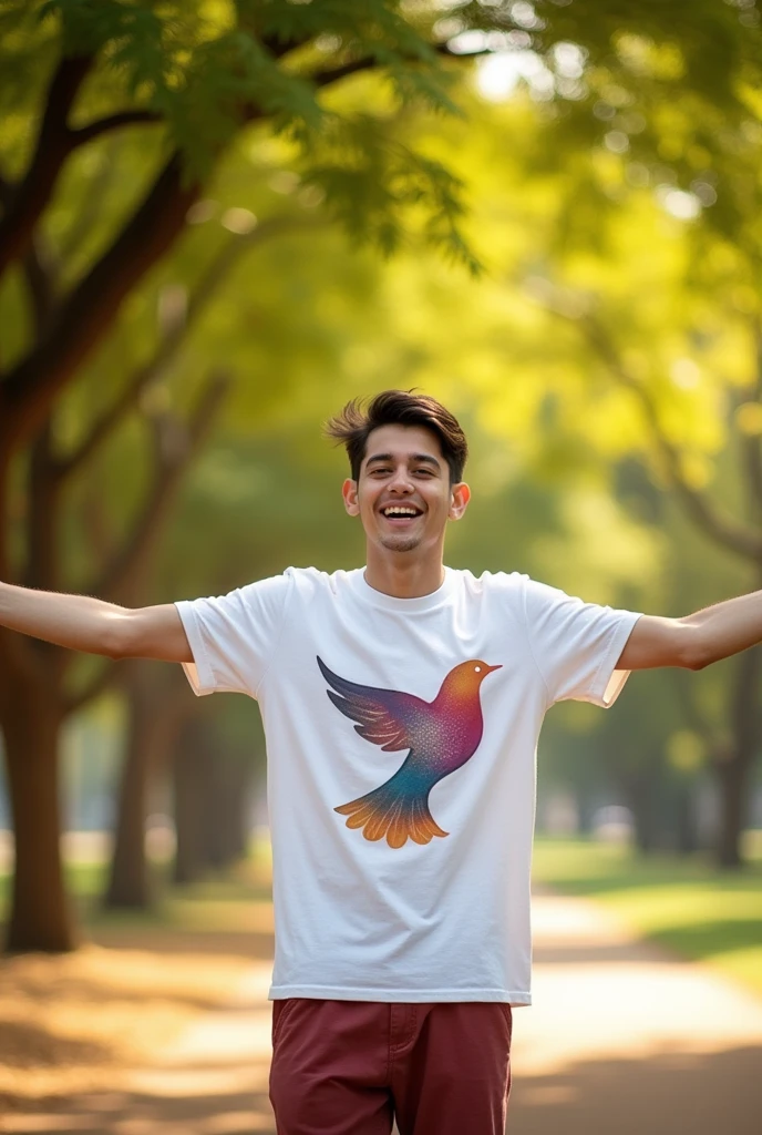 Young man in drawing, with dove t-shirt, Open arms 