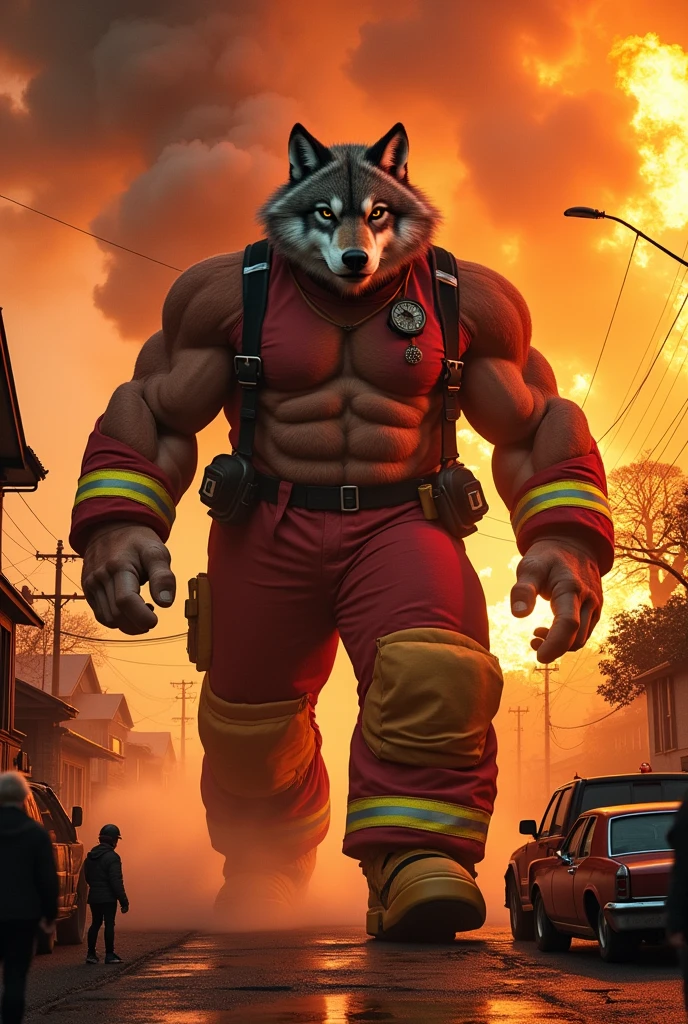 Macro Wolf  furry  the a colossal firefighter  muscled  with huge torso , huge arms ,huge  pecs , huge lesgs , in huge fire boots, there is a small town around him, he is a huge firefighter, trampling the small city, stomping and crushing car 