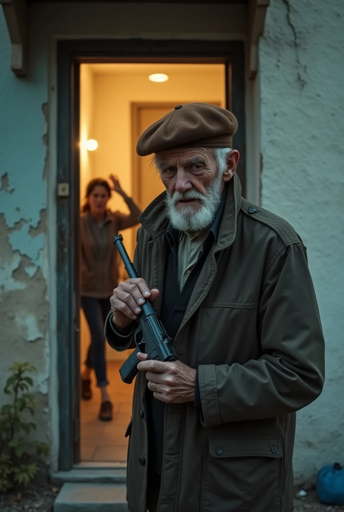 The picture shows the facade of a modest house, with a partially open door. In front of the door, a 74-year-old man, with an expression of despair and pain, holds a gun in his hand. The man, with a brown beret on his head, is lying on the ground, near the entrance.
On the left, you can see the blurred figure of a woman, the young man's mother, who is trying to run towards him.