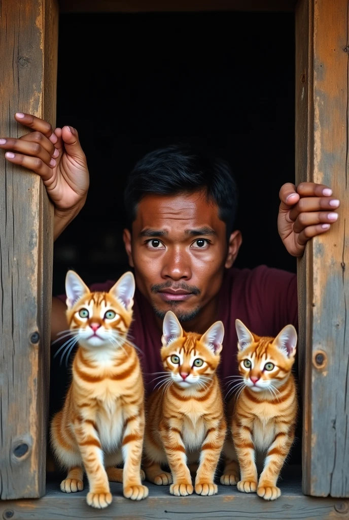 Real photo. an Indonesian man with a face peeking at something from a window wall, only his eyes and hands were staring curiously as if he saw something strange along with 3 orange cats with glaring expressions. Ultra-realistic 8K photo, taken with Leica Q2, strong color contrast and sharp clarity - -ar 9:16 --quality 2 --