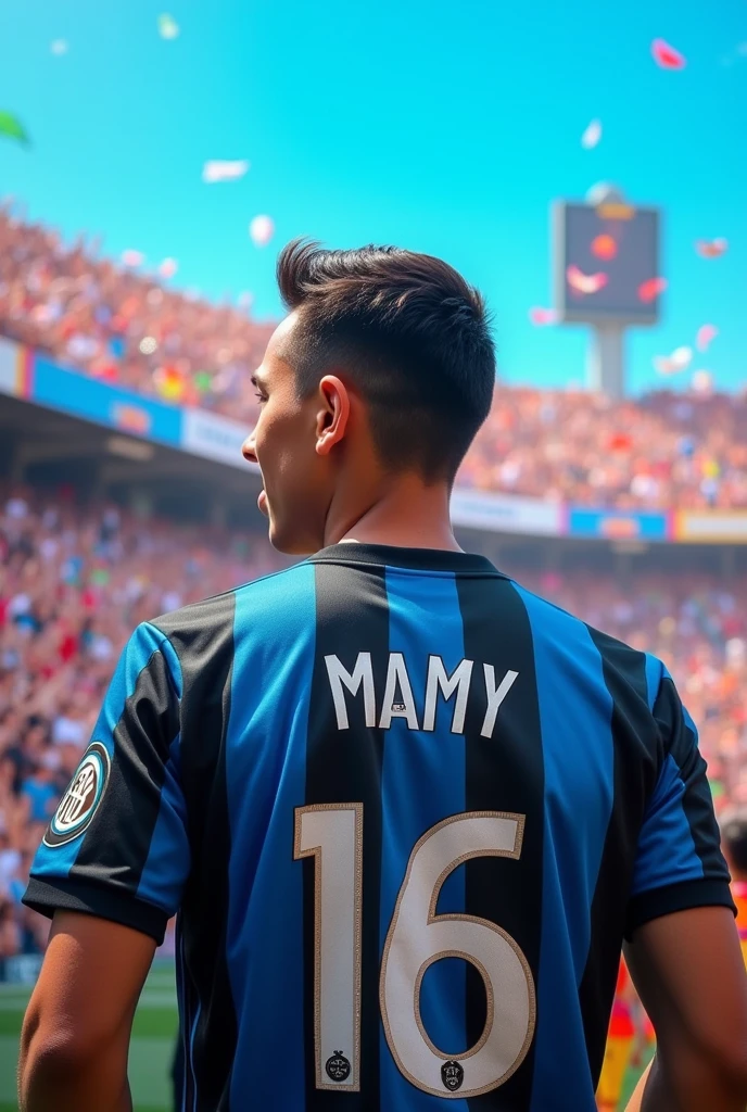 An 18-year-old man wears the Inter Milan jersey named "MAMY" on back, number 16 celebrated on the corner part