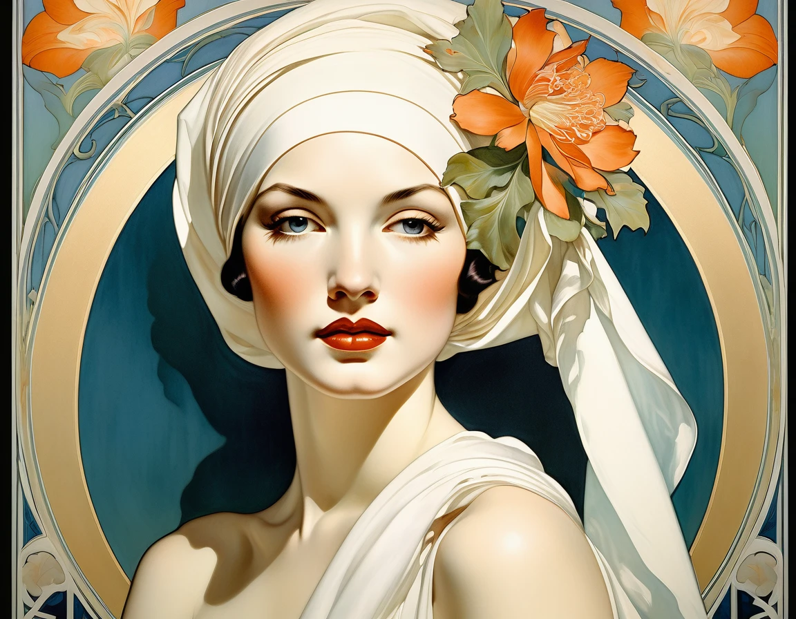 painting of a woman with a white head scarf and a flower in her hair, hyperrealistic art nouveau, anna dittmann alberto vargas, renaissance digital painting, realistic renaissance portrait, mucha style 4k, artgerm and james jean, phil noto and rebecca guay, in a style blend of botticelli, renaissance portrait, james jean and wlop