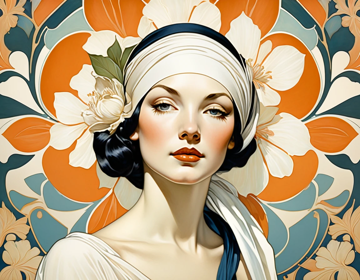 painting of a woman with a white head scarf and a flower in her hair, hyperrealistic art nouveau, anna dittmann alberto vargas, renaissance digital painting, realistic renaissance portrait, mucha style 4k, artgerm and james jean, phil noto and rebecca guay, in a style blend of botticelli, renaissance portrait, james jean and wlop