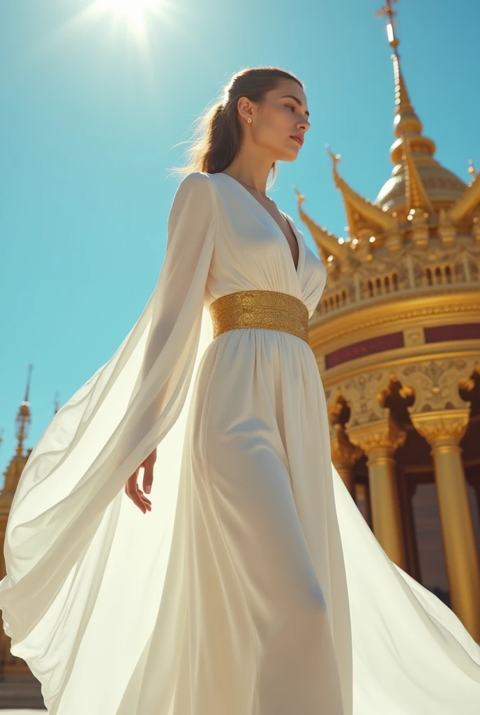 (photorealism:1.2), woman, white robe, gold sash around abdomen, blue sky, golden palace 
