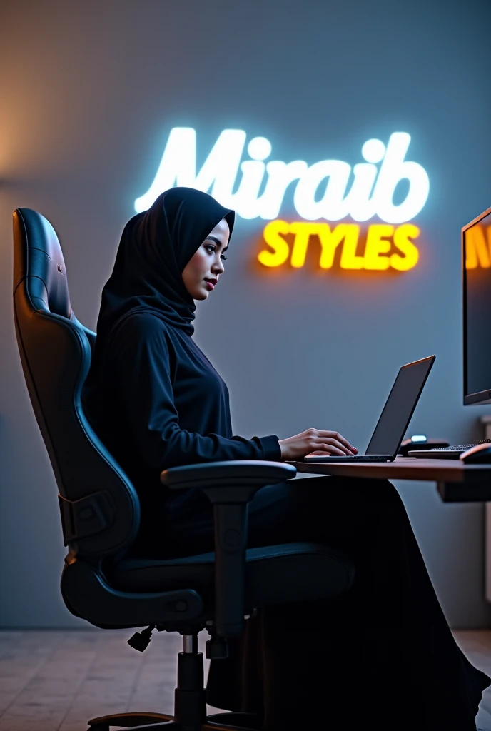 An Islamic women sitting in gaming chair wearing islamic dress and face face is my side eye contact with Audience in front table leptop and Mobile lighting room background in gray wall writing "Miraib Styles" White colour Yellow neown glow