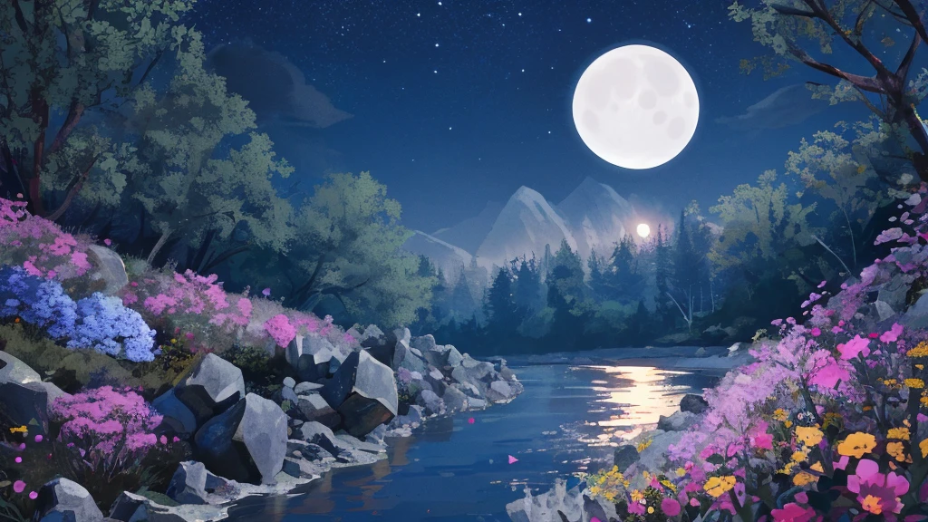 ((lineless art)), ((aquarelle art)), (surrounded by forest), night sky, moon, ((small moon)), (((one moon))), moon on the sky, stars on sky, (in forest), river, rock, big rock on beach, big river, flowers on ground, beautiful flowers, stars on the sky, hd, high definition, high quality, high resolution, (anime style), realistic, beautiful art, piece of art