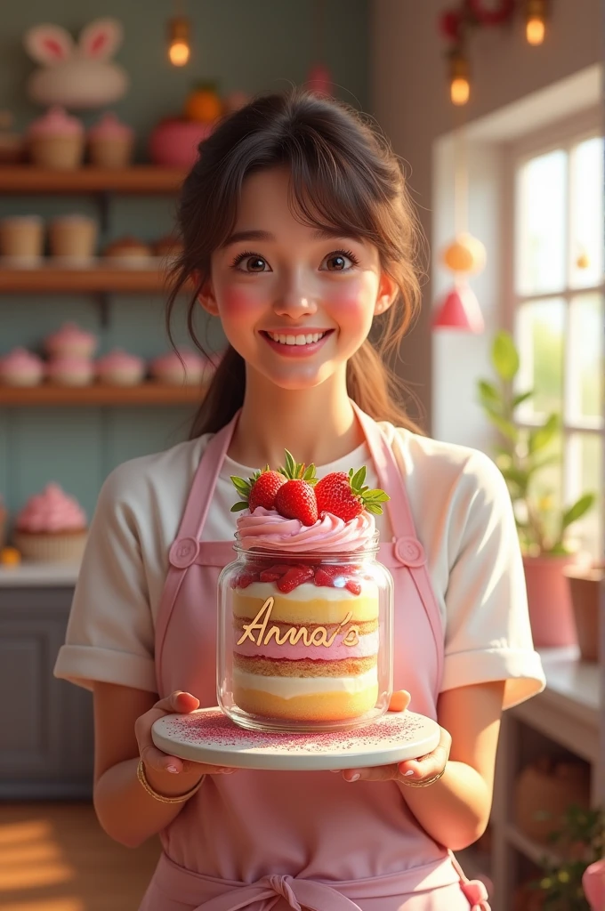 create a logo for my jar cake shop:Anna's cakes...a realistic image of someone holding a jar cake with the logo on the jar