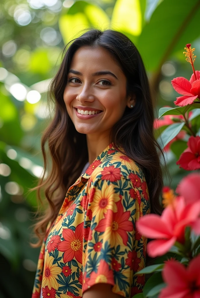 A Brazilian woman in a lush tropical garden, wearing an open shirt with a floral print, with a close-up capturing the harmonious beauty between her breasts and the natural flowers, showing off your natural charm and outgoing personality.