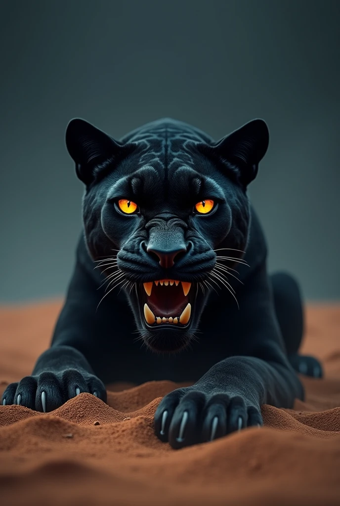 Giant stone black panther head buried in desert sand, open mouth, glowing orange eyes, night dark background, front view, glowing mouth, no body