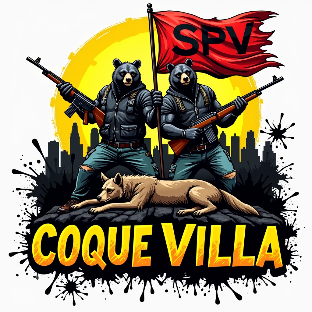 A logo illustration depicting a favela in the background with a red flag saying SPV on it at the top, surrounded by fierce looking bears strong muscular bears stomping on and killing a coyote and armed with rifles and bulletproof vests use black bears and put human clothes on them like they are bandits. The background includes some colors with black and yellow, possibly The text "COQUE VILLA" It is displayed prominently at the bottom of the image, use graffiti fonts in the highlighted text, make it a size that can be used as a profile picture.