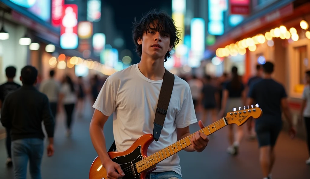 8k, highest quality, ultra details, Tobias Bjorgsha, , handsome asian guy, white t-shirt, ripped jeans and running shoes, messy neat black hair, playing electric guitar,he is looking forward to camera, background of crowded street after work hour, carefree expression