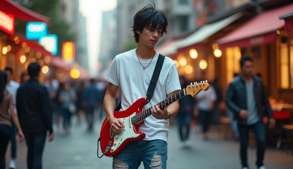 8k, highest quality, ultra details, Tobias Bjorgsha, , handsome asian guy, white t-shirt, ripped jeans and running shoes, messy neat black hair, playing electric guitar,he is looking forward to camera, background of crowded street after work hour, carefree expression
