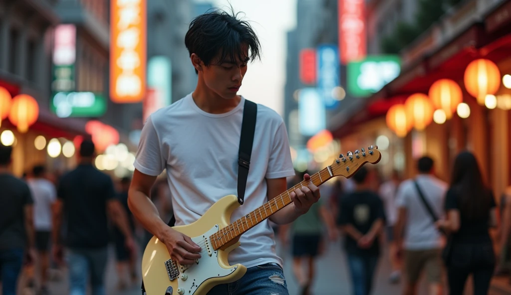 8k, highest quality, ultra details, Tobias Bjorgsha, , handsome asian guy, white t-shirt, ripped jeans and running shoes, messy neat black hair, playing electric guitar,he is looking forward to camera, background of crowded street after work hour, carefree expression