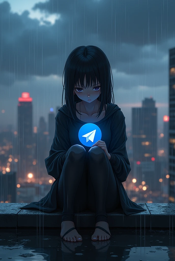 18-year-old anime sad sitting on a building in the city, it's raining, the girl is holding the telegram logo in her hand, the girl is wearing black clothes