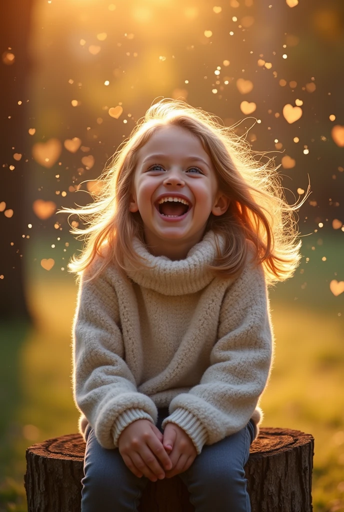 a girl, cozy sweater, trunk, (huge laugh:1.1), (gaping mouth:1.1), (eyes wide open:1.2), sun glints, bokeh, Depth of field, nblurry background, light particles, strong wind, (heart particles:1.1)