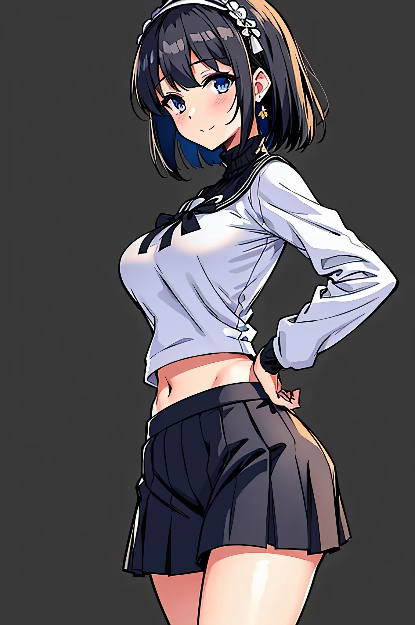 all intricate details, masterpiece, best quality, highres, 1girl, solo, jewelry, skirt, sweater, necklace, black skirt, black hair, short hair, ribbed sweater, socks, turtleneck sweater, turtleneck, white socks, blue eyes, long sleeves, pleated skirt, ribbon, breasts, bow, hair ribbon, hairband, hair bow, bangs, firm breasts, medium breasts, sarashina ruka, cowboy shot, smile, random sexy angle