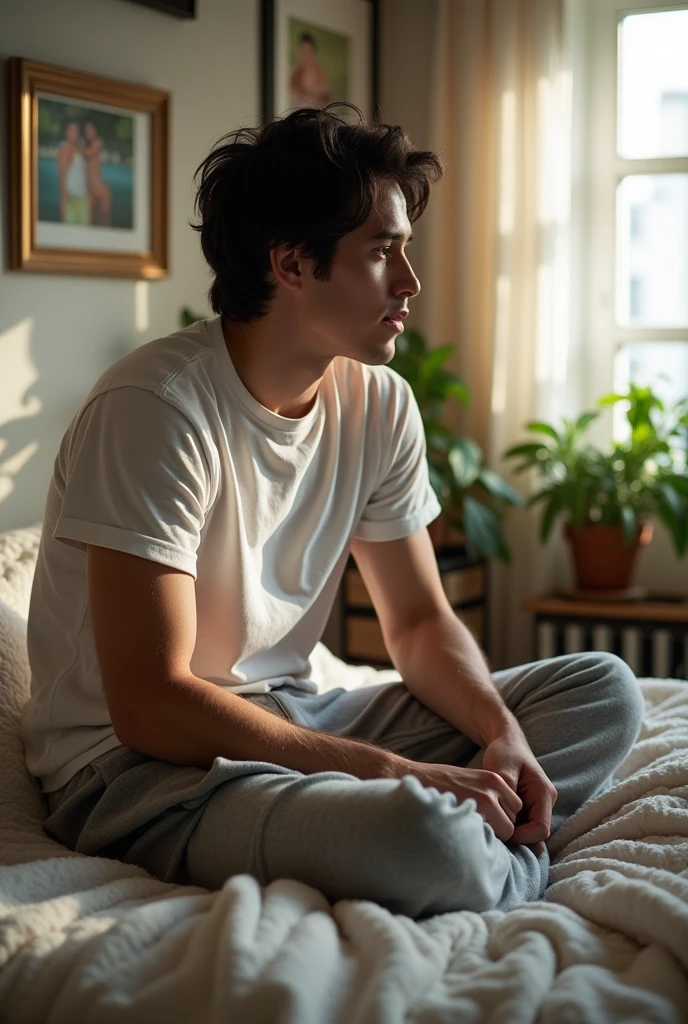 Man sitting sideways on bed