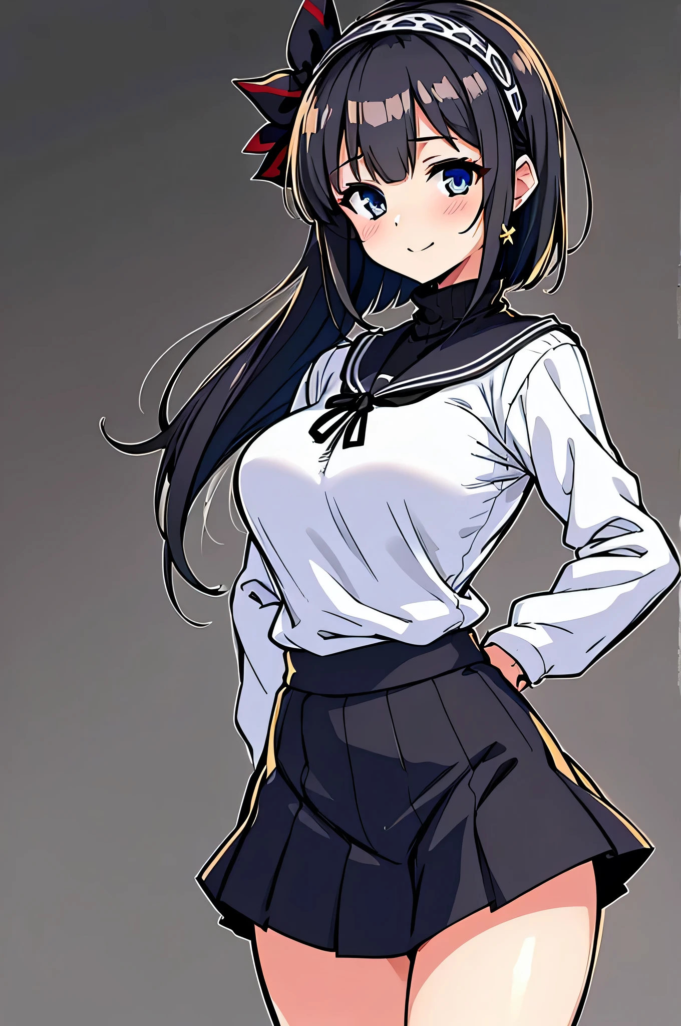 all intricate details, masterpiece, best quality, highres, 1girl, solo, jewelry, skirt, sweater, necklace, black skirt, black hair, short hair, ribbed sweater, socks, turtleneck sweater, turtleneck, white socks, blue eyes, long sleeves, pleated skirt, ribbon, breasts, bow, hair ribbon, hairband, hair bow, bangs, firm breasts, medium breasts, sarashina ruka, cowboy shot, smile, random sexy angle
