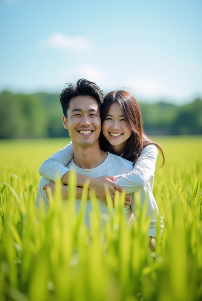 "Asian male with handsome and clean face,hug from behind with a beautiful woman lover,face looking at camera,foto fullbody di taman ilalang yang hijau"